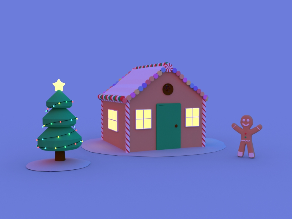 3D scene of a gingerbread man, a gingerbread man's house, and a christmas tree.