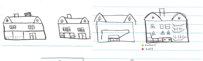 Sketches of the front of a haunted house.