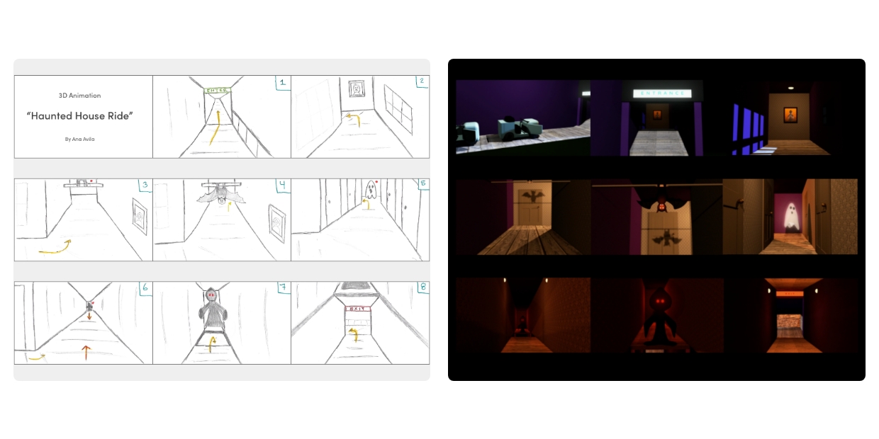 Storyboards of the walktrhough of a haunted house. Version 3.