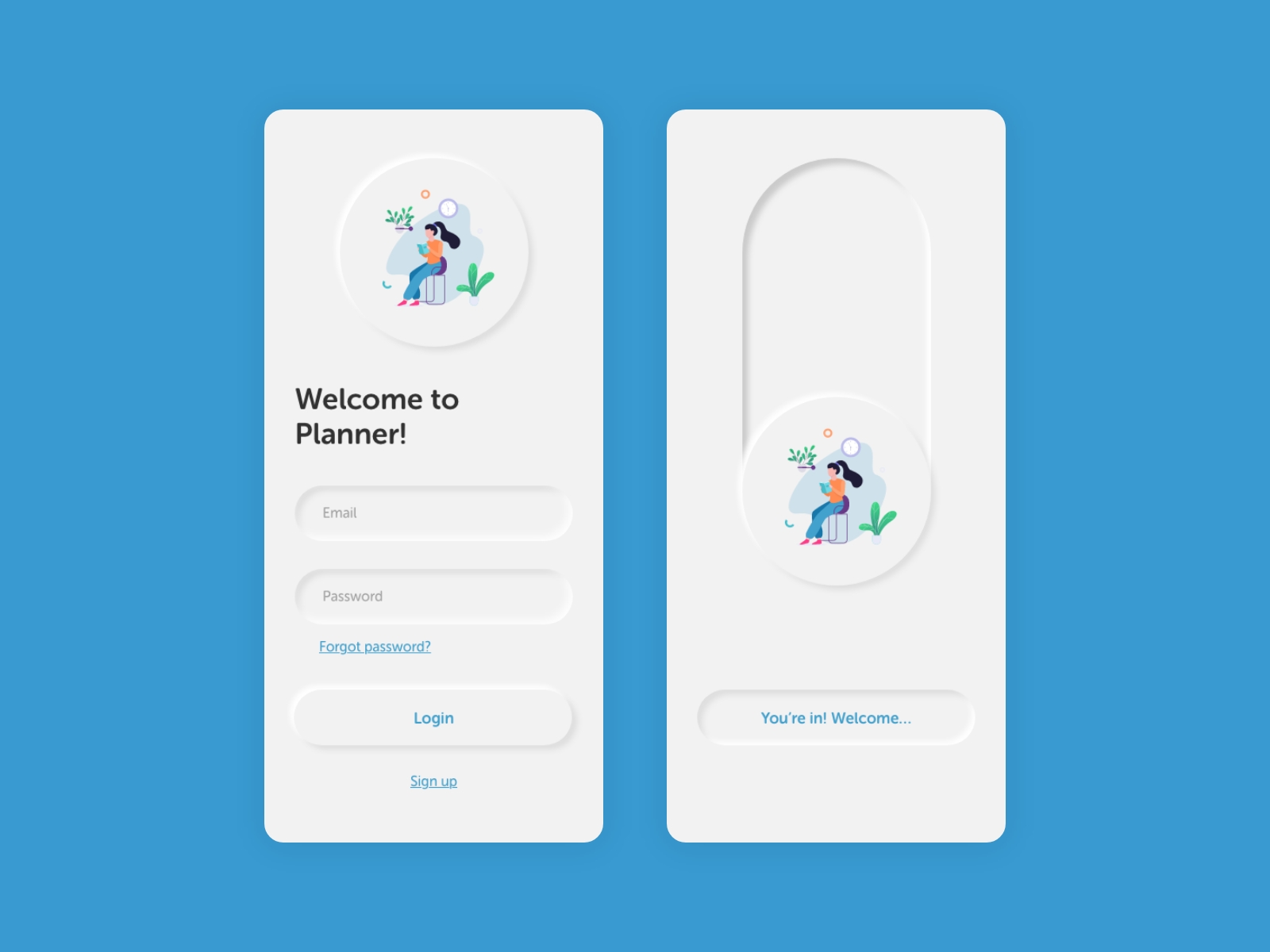 Mobile app neumorphism design of a sign-up screen.